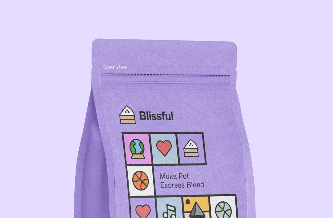 A lilac coffee bag labelled Moka Pot Express Blend, the tiles wrapped around the label.