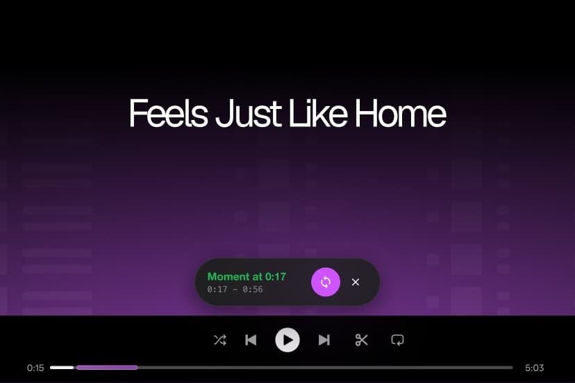 Spotify's player with a moment bar floating above it, showing a moment from 0:17 to 0:56, and a scissors button next to repeat.
