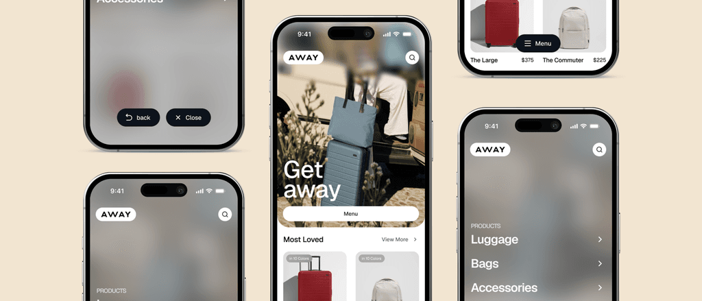 Phones showing the Away app redesign: a Get away home screen with a floating Menu button, the product menu and luggage cards.