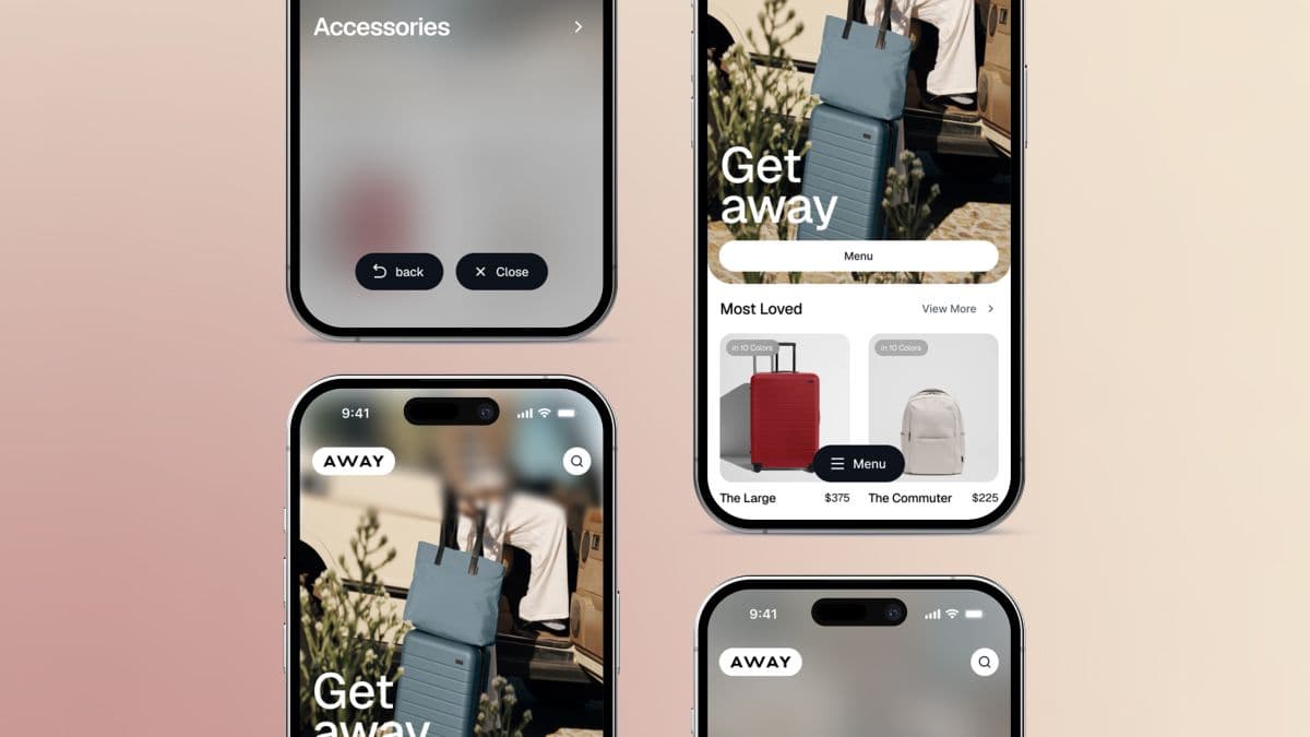 Four phones from the concept on a pink-to-cream background: the home screen, the Most Loved products, and the blurred menu with Back and Close.