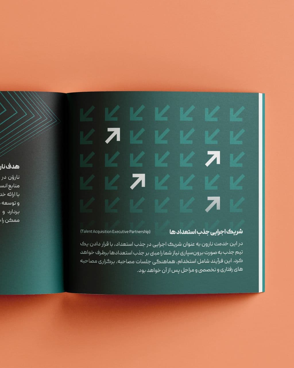 An open Narvan book on orange: a teal page of arrows, a few turned white, beside Persian text.