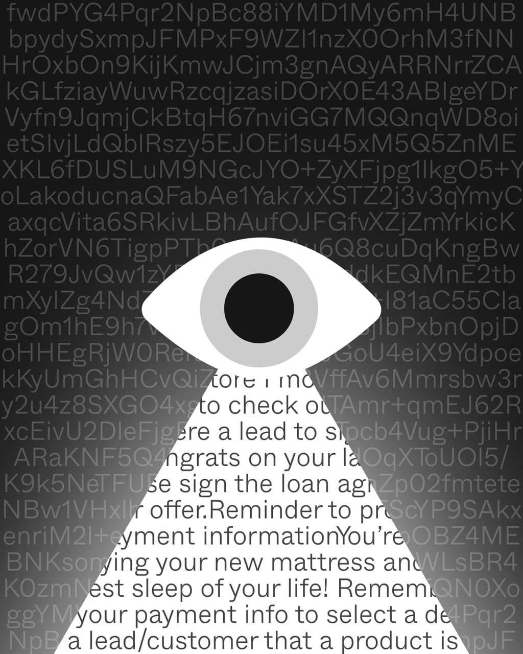 A white eye cut out of a page of dense code and message text.